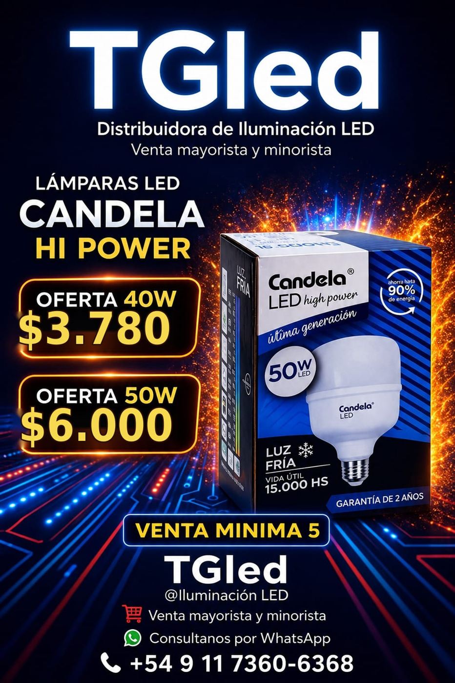 Lámpara LED Candela Hi Power de 40W y 50W