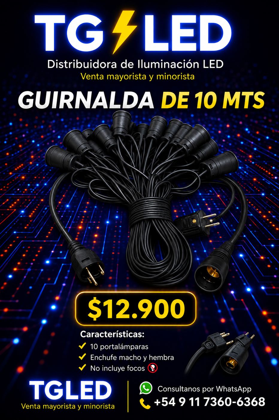 Guirnalda LED de 10 metros con 10 portalámparas, no incluye focos