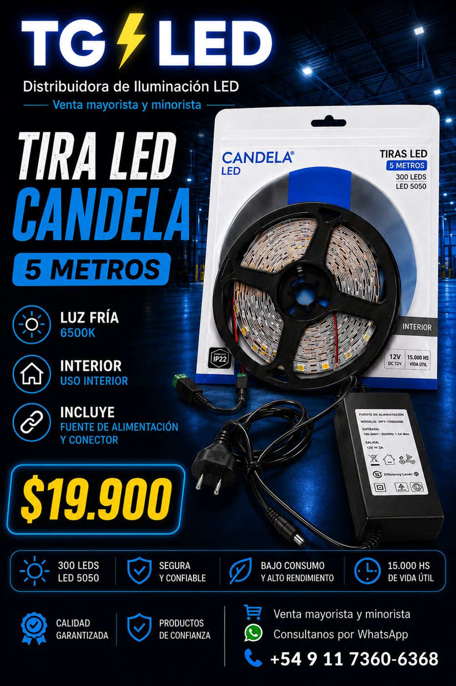 Tira LED Candela de 5 metros, 300 LEDs, con fuente de alimentación