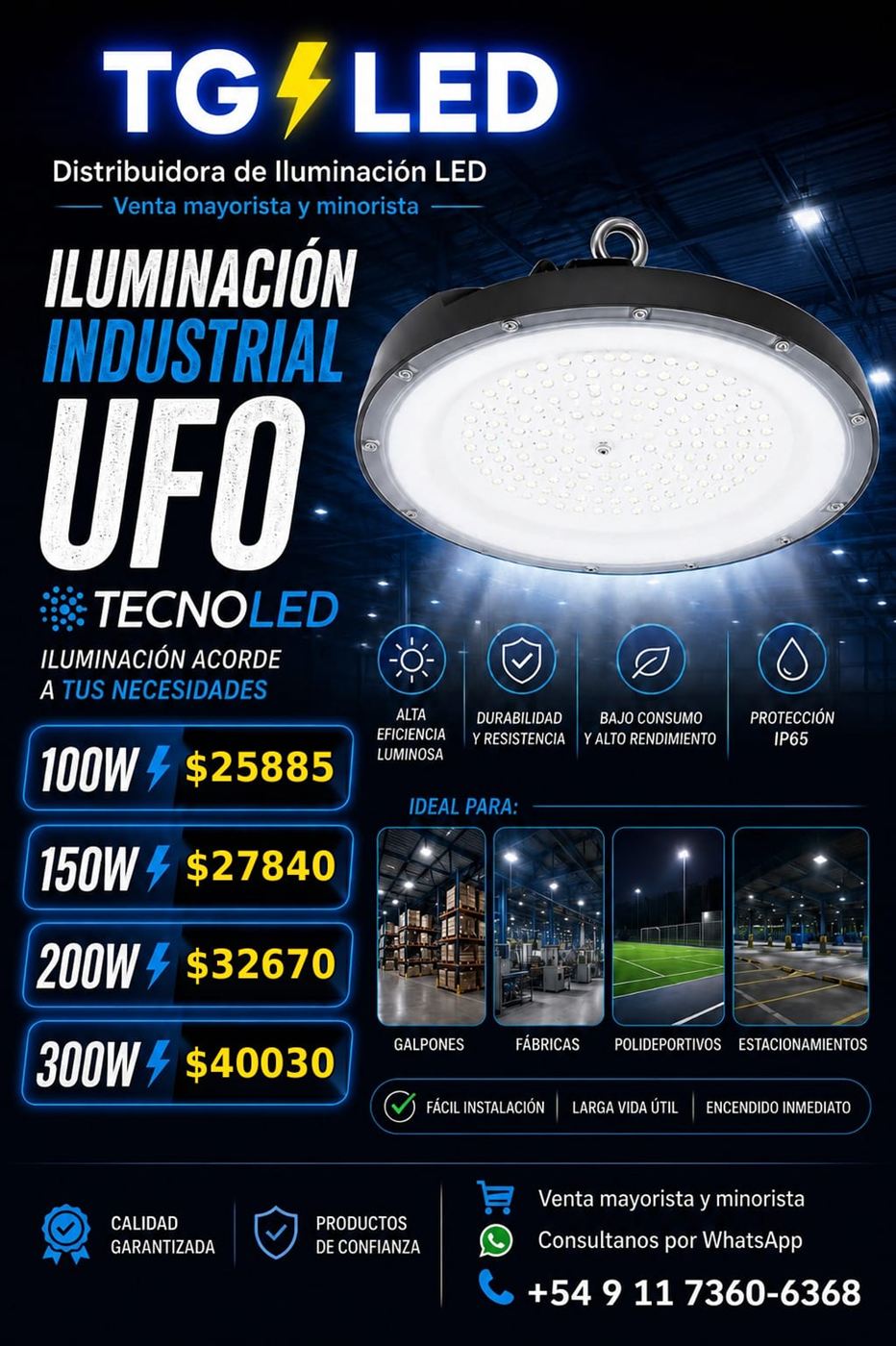 Campana industrial UFO TecnoLED, de 100W a 300W
